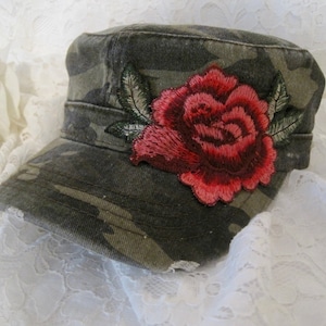 Cadet Hat Military Cap Camouflage Distressed Cadet Military Hat with Gorgeous Embroidered Red Rose Caps Military Hats Accessories Cadet Hats