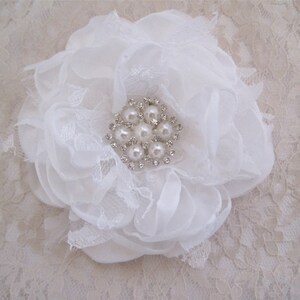 Winter White Satin Chiffon and Lace Bridal Flower Hair Clip Bridal Accessories Bride Bridesmaid Prom with Pearl and Rhinestone Accent image 4