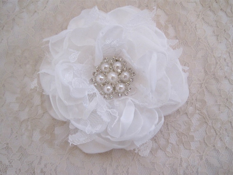 Winter White Satin Chiffon and Lace Bridal Flower Hair Clip Bridal Accessories Bride Bridesmaid Prom with Pearl and Rhinestone Accent image 4