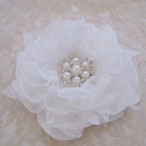 Winter White Satin Chiffon and Lace Bridal Flower Hair Clip Bridal Accessories Bride Bridesmaid Prom with Pearl and Rhinestone Accent image 3