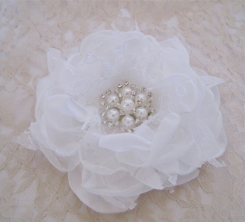 Winter White Satin Chiffon and Lace Bridal Flower Hair Clip Bridal Accessories Bride Bridesmaid Prom with Pearl and Rhinestone Accent image 3