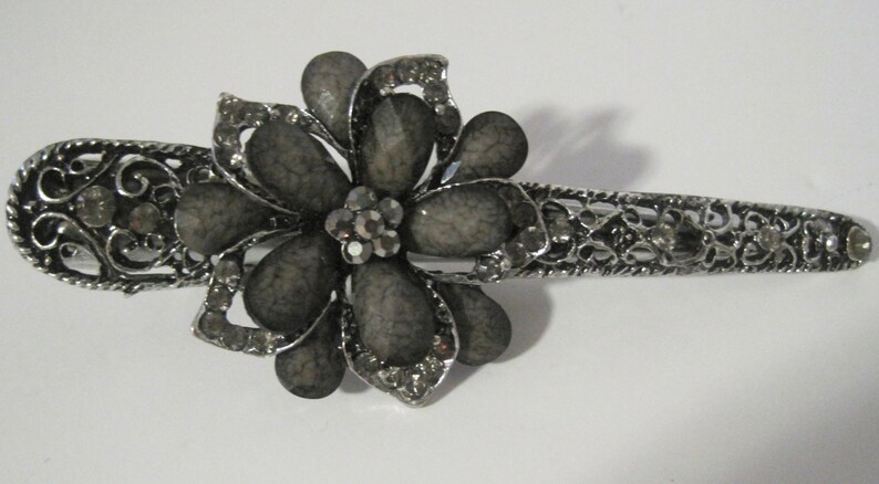 Large Refashioned Smokey Grey Flower Alligator Clip Hair Accessories Clips for Hair Prom Homecoming with Smokey Grey Rhinestones