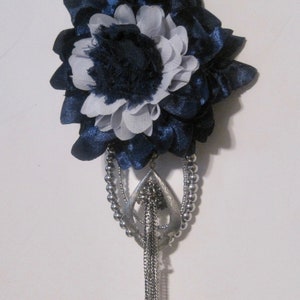 Boho Satin Flower Brooch: Navy & Grey Jean Jacket Pin