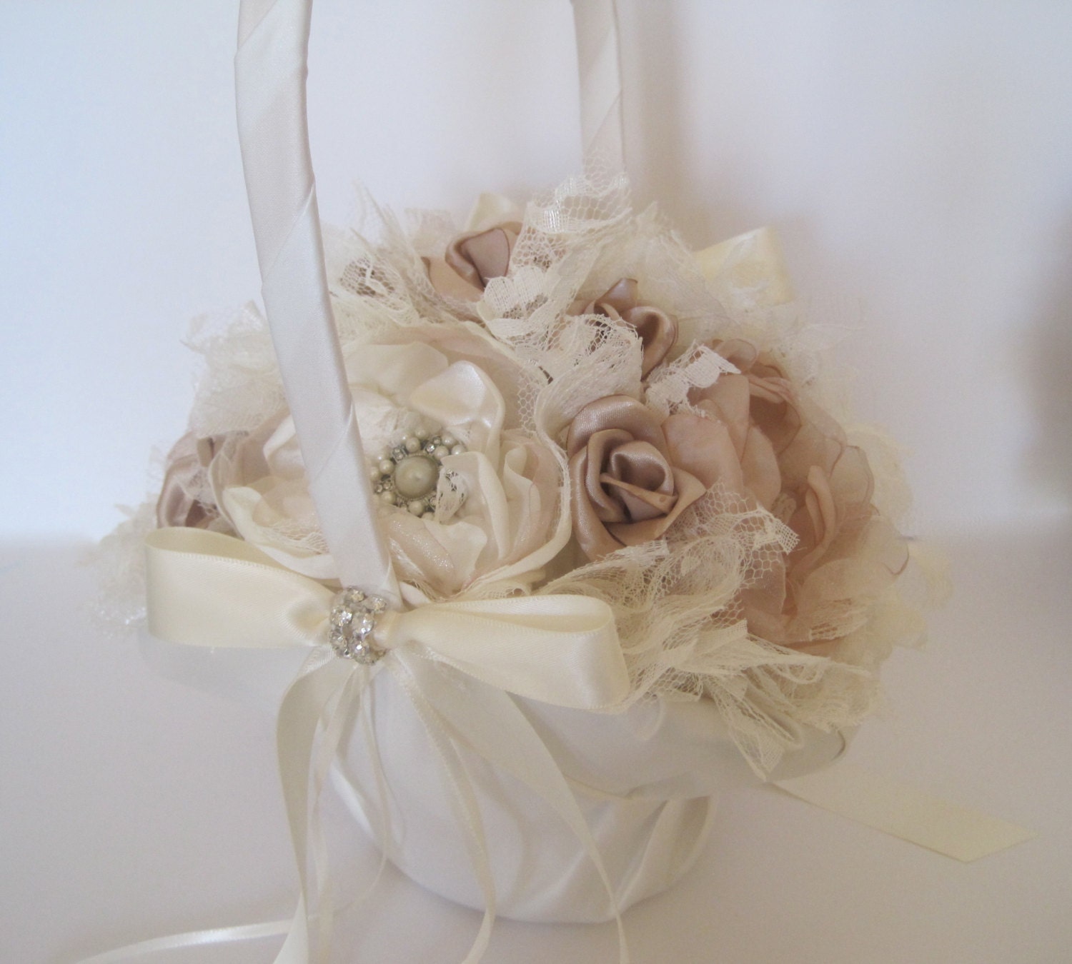 Flower Girl Basket Shown in Ivory and Champagne Fabric Flower Etsy