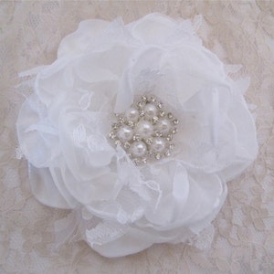 Winter White Satin Chiffon and Lace Bridal Flower Hair Clip Bridal Accessories Bride Bridesmaid Prom with Pearl and Rhinestone Accent image 1