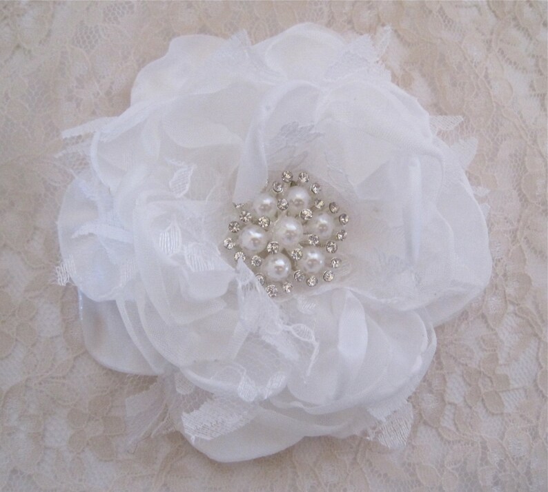 Winter White Satin Chiffon and Lace Bridal Flower Hair Clip Bridal Accessories Bride Bridesmaid Prom with Pearl and Rhinestone Accent image 1