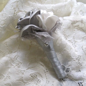 Silver Grey and Ivory Satin Boutonniere Groom Groomsmen Usher Father of ...