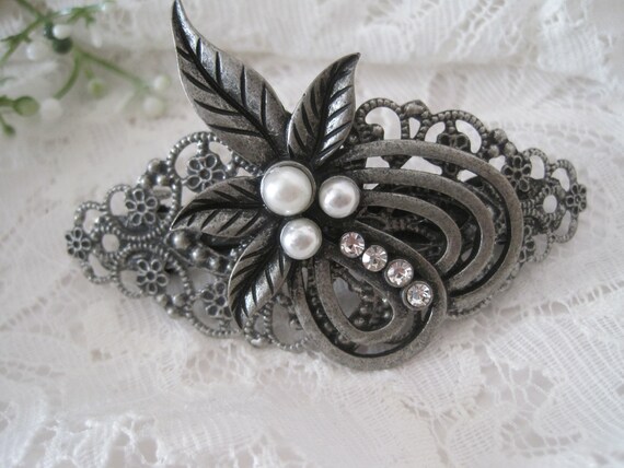 Intricate Silver Hair Clip Sterling Silver Hand Stamped Navajo Barrette Hair Clips Set  main image 3