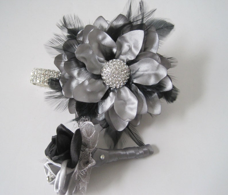 Silver Grey and Black Satin Boutonniere Groom Groomsmen Usher Father of the Bride Prom With Rhinestone Accent..Custom