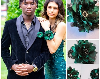 Corsage Bracelet Set Emerald Green Prom Homecoming Winter Formal Wrist Corsage Boutonniere Designed in Your Colors with Rhinestone Accents