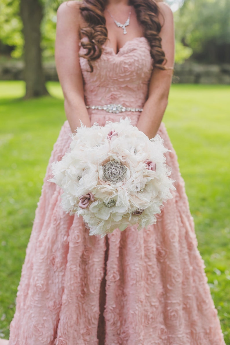 Bouquet Vintage Bohemian Inspired Fabric Flower Brooch Bouquet Ivory and Champagne with Dusty Rose Buds and All Brooch Accents Custom Order image 1