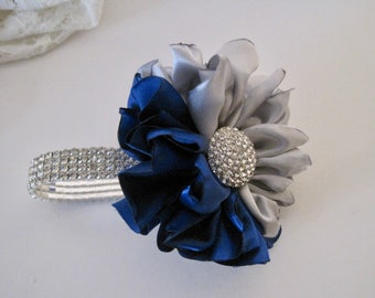 Gorgeous Silver and Royal Blue Satin Rhinestone Wrist Corsage with Rhinestone Accent Prom Homecoming Winter Formal Weddings Wrist Corsages