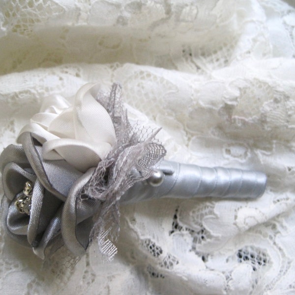 Silver Grey and Ivory Satin Boutonniere Groom Groomsmen Usher Father of the Bride Prom With Rhinestone Accent..Custom