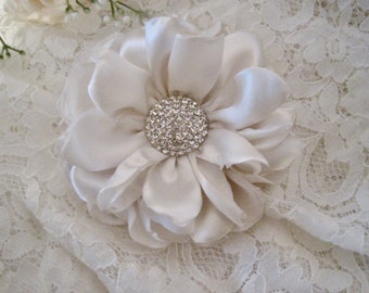 Ivory Satin Bridal Flower Hair Clip or Brooch Pin with Rhinestone Accent