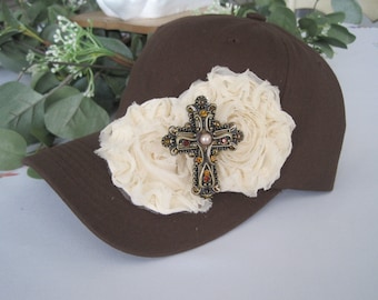 Trucker Baseball Brown Ivory Chiffon Flower Cross Baseball Trucker Hat with Rhinestone Cross Pendant Baseball Cross Flower Hat Trucker Hats