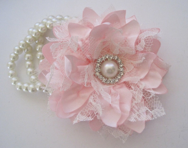 Wrist Corsage Pink Satin and Lace Pearl Cuff or Three Strand Bracelet Bridesmaid Mother of the Bride Prom with Pearl Rhinestone Accents. image 2