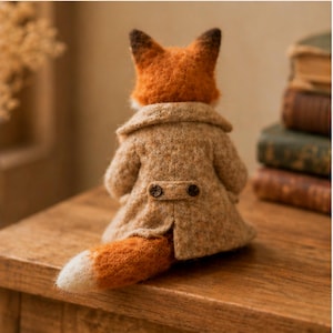 May include: A needle-felted fox figurine viewed from the back, wearing a textured beige wool coat with a small belt detail featuring two dark brown buttons. The fox has orange fur, dark-tipped ears, and a long tail with a white tip.