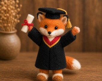 Statuetta di volpe per la laurea realizzata in feltro ad ago, decorazione per la laurea a forma di volpe in lana fatta a mano, simpatico regalo di laurea per gli amanti degli animali
