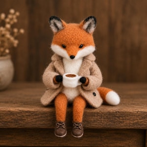 Figura de zorro de fieltro de aguja, zorro de lana hecho a mano con taza de café, linda decoración de animales del bosque, regalo para amantes de los zorros
