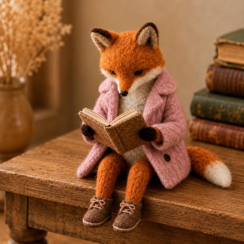 May include: A needle-felted fox figurine with orange and white fur, wearing a textured pink coat and brown lace-up shoes. The fox is sitting upright and holding a small, open brown book with its paws, appearing to read the pages intently.