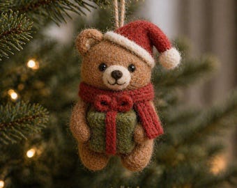 Orsetto di peluche in feltro ad ago, decorazione natalizia fatta a mano per l'albero di Natale, simpatico orsetto di Babbo Natale in feltro di lana, ornamento natalizio per bambini e per la casa