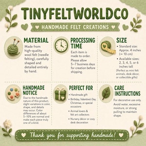 May include: An informational graphic for TINYFELTWORLDCO featuring green text on a cream background. It details handmade wool felt creations, listing material, processing time, size options from 2 to 6 inches, care instructions, and a handmade notice.