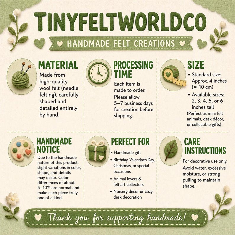 May include: An informational graphic for TINYFELTWORLDCO featuring green text on a cream background. It details handmade wool felt creations, listing material, processing time, size options from 2 to 6 inches, care instructions, and a handmade notice.