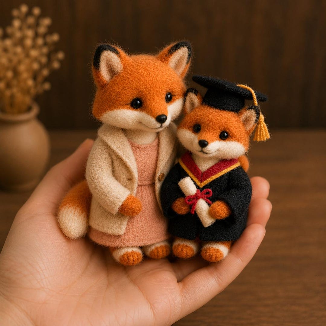 Needle Felted Mom and Child Fox Graduation Figurine, Handmade Wool Fox ...