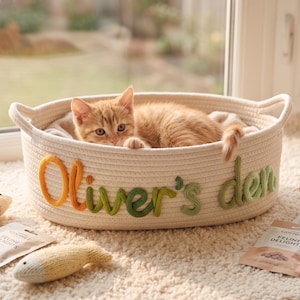 Op de afbeelding: Een oranje katje rust in een crèmekleurige touwmand met de woorden "Oliver's den" in kleurrijke letters. De mand staat op een zacht wit tapijt, met kattenspeeltjes en voedselpakketten in de buurt.