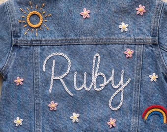 Personalized Hand Embroidered Denim Jacket | Custom Name Kids Jean Coat, Birthday Keepsake