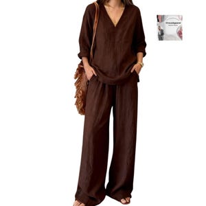Brown Linen Set Loose Fit Top & Wide Leg Pants