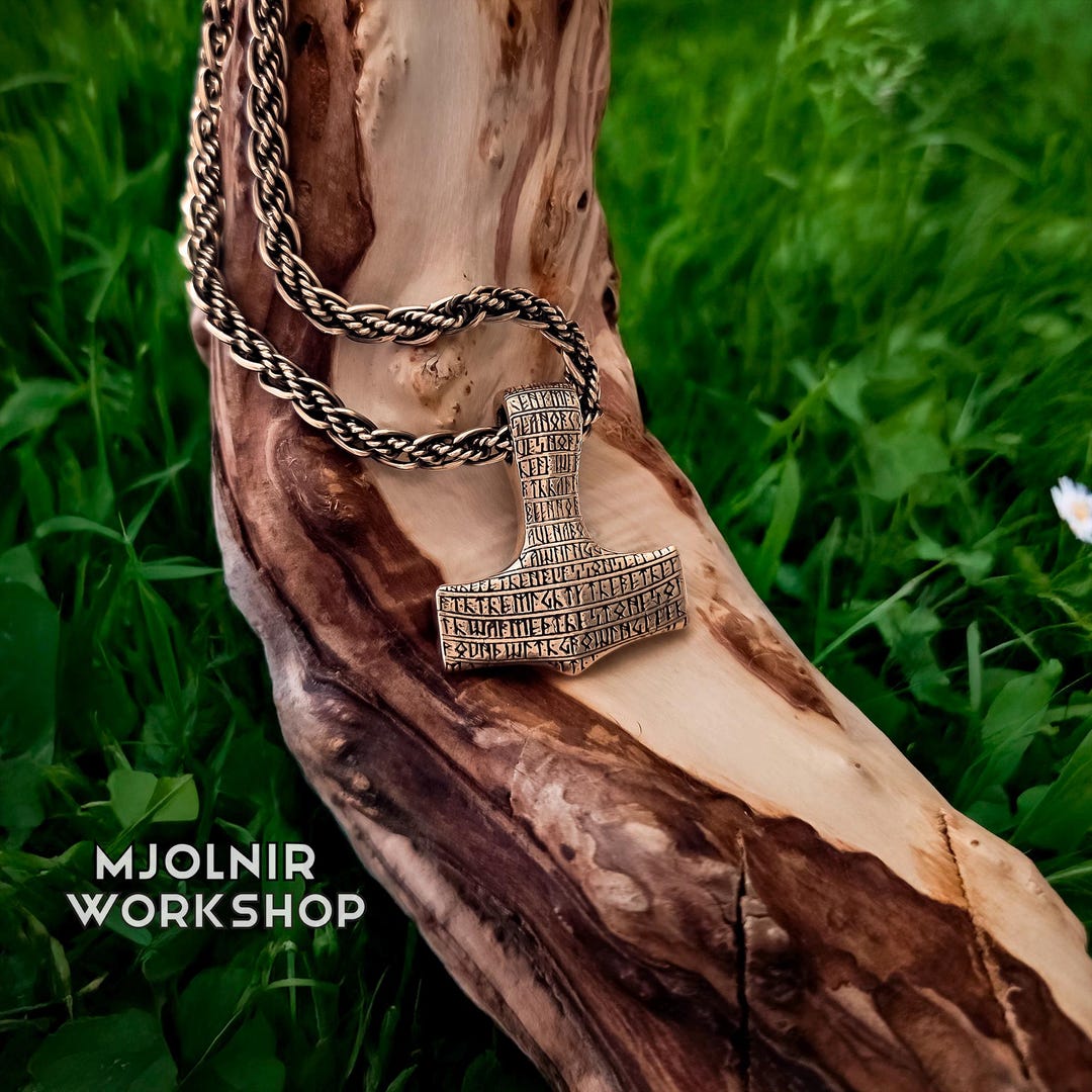 True Mjolnir Rune Rune Mjolnir Pendant: Bronze Runic Thor Hammer Necklace With Prophecy ...