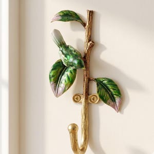 Decorative Bird Wall Hook – Metal Branch Leaf Design Key Holder – Green and Gold Towel Hanger for Bathroom and Nursery