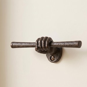Sculpted Hand T-Bar Cabinet Pull – Black Iron Drawer Handle for Furniture Update – Heavy Duty Metal Hardware Fixture.