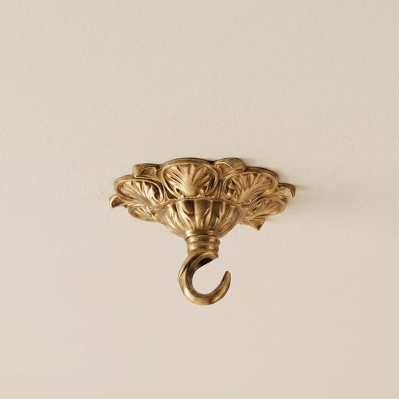 Solid Copper Ceiling Canopy Kit with Hook, Ornate Gold Light Fixture Mount, Decorative Chandelier Plate for Hanging Lights