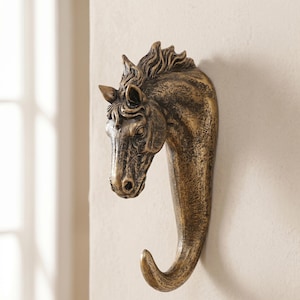 Goudkoperen paardenkop muurhaak – enkele harsopberger voor badkamerhanddoeken, sleutels en tassen met gedetailleerde sculpturale afwerking