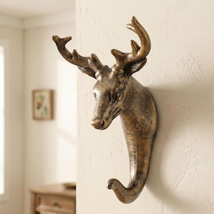 Animal Theme Wall Mount Hook – Resin Stag Head Key Hanger in Black or Gold Copper for Entryway Organization