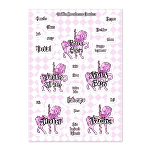 May include: A sheet of stickers with a pink and white diamond pattern. The stickers feature carousel horses with product names like "Green Soap", "Distilled Water", and "Witch Hazel". The text "Caitlin Bourhenne Couture" is at the top.