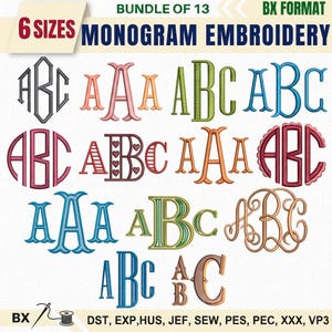 May include: A collection of monogram embroidery designs in various styles and colors. The image displays multiple letter combinations, including "ABC" and "AAA", in different fonts. Text at the top reads "BUNDLE OF 13" and "6 SIZES MONOGRAM EMBROIDERY".