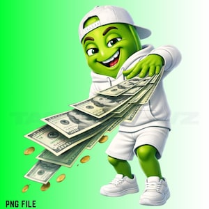 Cash Splash Pea PNG | Cash Throwing Character | 3D Cartoon Design for Shirts and Apparel