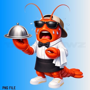May include: A cartoon illustration of a red lobster waiter wearing a white shirt, black bow tie, and apron, holding a silver serving platter. The lobster is sweating, wearing sunglasses and a baseball cap, and has a distressed expression. White sneakers complete the outfit.