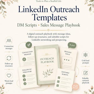 以下が含まれることがあります： 「LinkedIn Outreach Templates」のテキストが入ったデジタルマーケティング製品の広告。画像には、プレイブック、テキスト入りのカード、アイコンが含まれています。この製品は、DMスクリプト、セールスメッセージプレイブック、編集可能なスクリプトを提供しています。