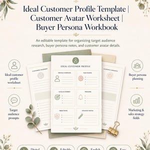 May include: An editable template titled "Ideal Customer Profile Template | Customer Avatar Worksheet | Buyer Persona Workbook." The design features worksheets with sections for profile overview, goals, and strategy notes. The image includes floral accents and icons.