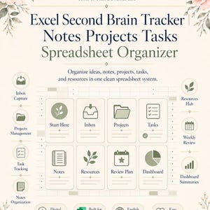 May include: Digital spreadsheet organiser with the text "Excel Second Brain Tracker Notes Projects Tasks Spreadsheet Organizer." The design includes icons for inbox, projects, tasks, and resources. The image has floral accents and the words "SoulyGoodies."
