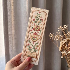 Tea and Books Bookmark Cross Stitch Pattern PDF | Cozy Reader Chart | DMC Colors