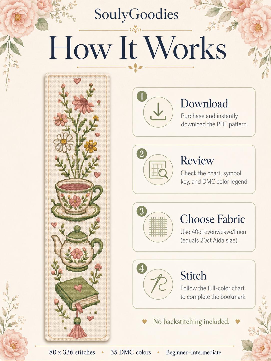 Tea Cup Wildflowers Bookmark Cross Stitch Pattern PDF | Cozy Reader ...