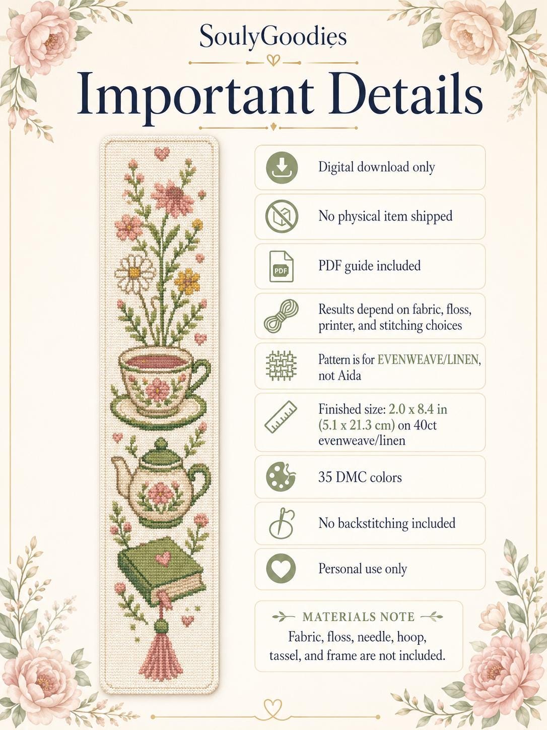 Tea Cup Wildflowers Bookmark Cross Stitch Pattern PDF | Cozy Reader ...