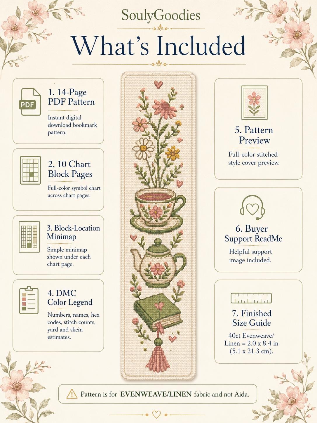 Tea Cup Wildflowers Bookmark Cross Stitch Pattern PDF | Cozy Reader ...