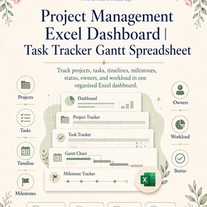 Könnte beinhalten: Werbung für ein Excel-Projektmanagement-Dashboard und einen Task-Tracker. Das Design zeigt florale Akzente und Symbole. Der Text lautet "Project Management Excel Dashboard | Task Tracker Gantt Spreadsheet". Es ist ein digitaler Download.
