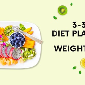 May include: A white platter filled with colorful fruit, including oranges, kiwi, blueberries, and dragon fruit. The text "3-3-3 DIET PLAN FOR WEIGHT LOSS" is displayed on a light yellow background, along with a lemon and watermelon slice.